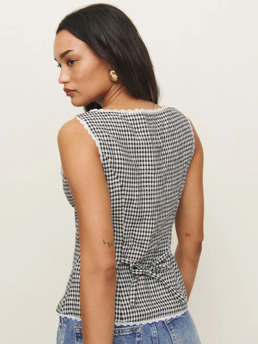 Reformation Amela Linen Gingham Button Lace Trim Sleeveless Top Remy Check Black - Picture 4 of 10